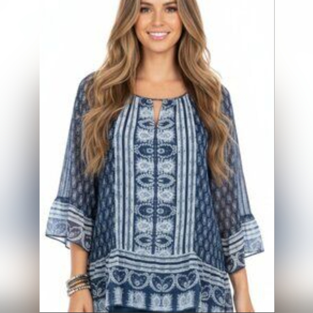 St. John's Bay Women"s Navy and‎ White Boho Blouse Size XL